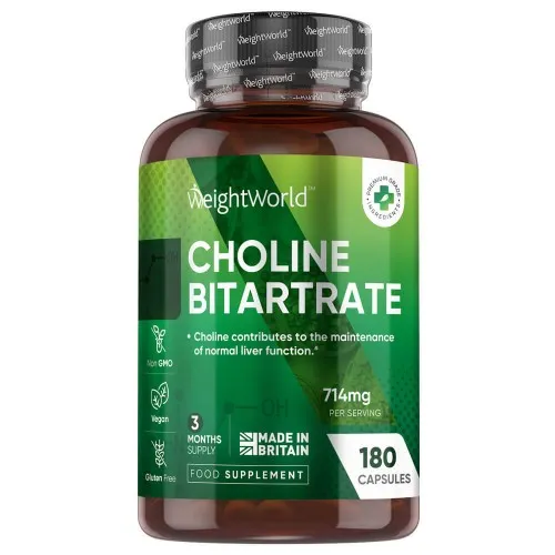 Choline Bitartrate - High Concentration 714mg 180 Capsules - 3 Month Supply - Supplement for Normal Liver Function
