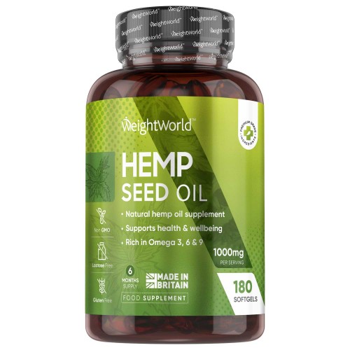 Hemp Seed Oil Supplements 1000mg 180 Softgels - 6 Month Supply - with Omega 3, 6, 9 & Vitamin E